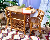 70s Vintage Boho Tiki Bentwood and Rattan Cane Balcony Bistro Table Chair Set