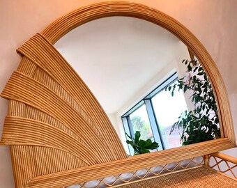 Large Arched Mirror, In The Style of Gabriella Crespi Style, Pencil Reed With Triple Wrap Detail
