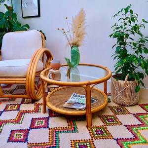 Mid century Table Boho Tiki Circular Bentwood rattan Cane