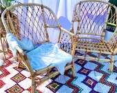 Pair of Boho Tiki Lattice Bamboo Cane Rattan Armchairs