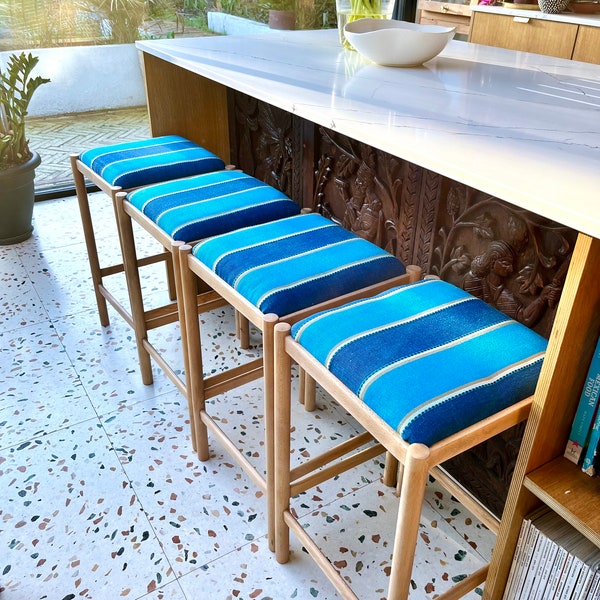 Striped Upholstered 1980's Breakfast Bar Stools