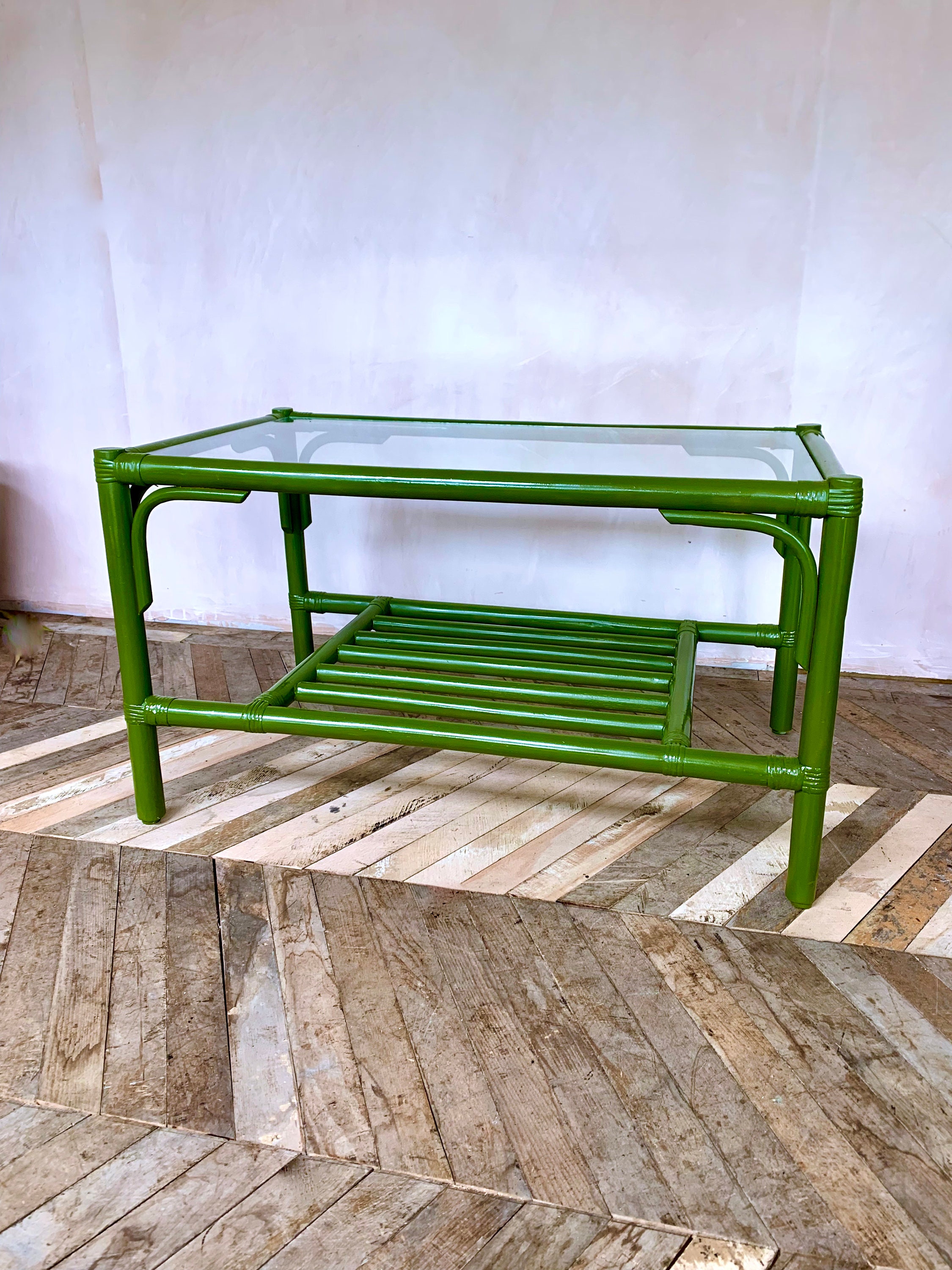 Vintage Coffee Table Olive Green Lacquered With Glass Top Etsy