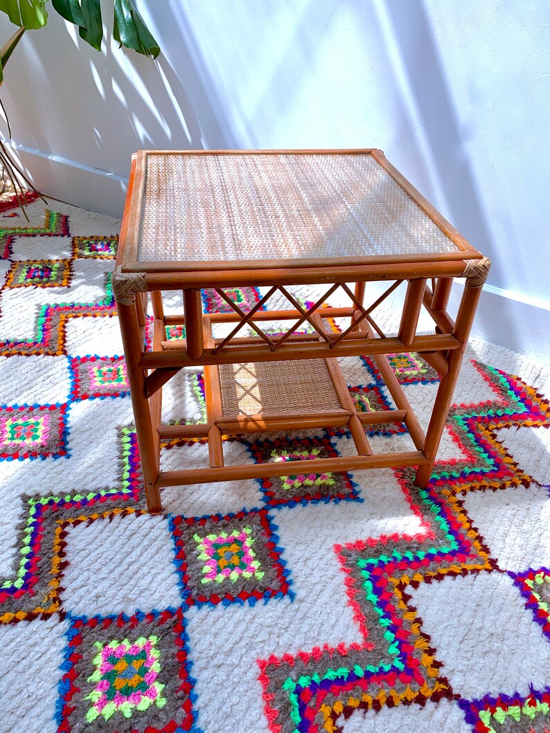 Retro Coffee Table Boho/Tiki Two Tier With Woven Cane/Wicker Etsy