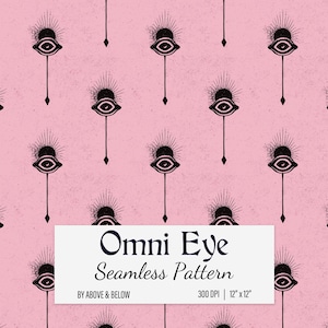 May include: Pink seamless pattern featuring repeating black Omni Eye designs. Each eye is stylized with a sunburst above and a teardrop below. The text "Omni Eye Seamless Pattern" is displayed on a white rectangle.