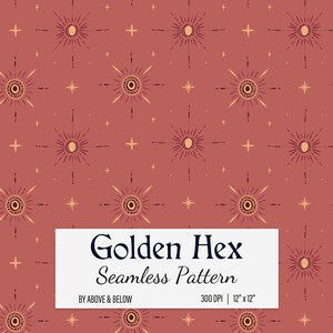 May include: Seamless pattern featuring a repeating design of stylized sunbursts and stars in shades of gold and burgundy on a terracotta background. The text "Golden Hex Seamless Pattern" is displayed on a white rectangle.