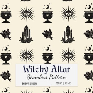 以下が含まれることがあります： クリーム色の背景に黒い魔女の祭壇のシンボルが描かれたシームレスパターン。ハートの付いた大釜、太陽光線のある目、クリスタル、葉、三日月が含まれています。「Witchy Altar Seamless Pattern」のテキストが表示されています。