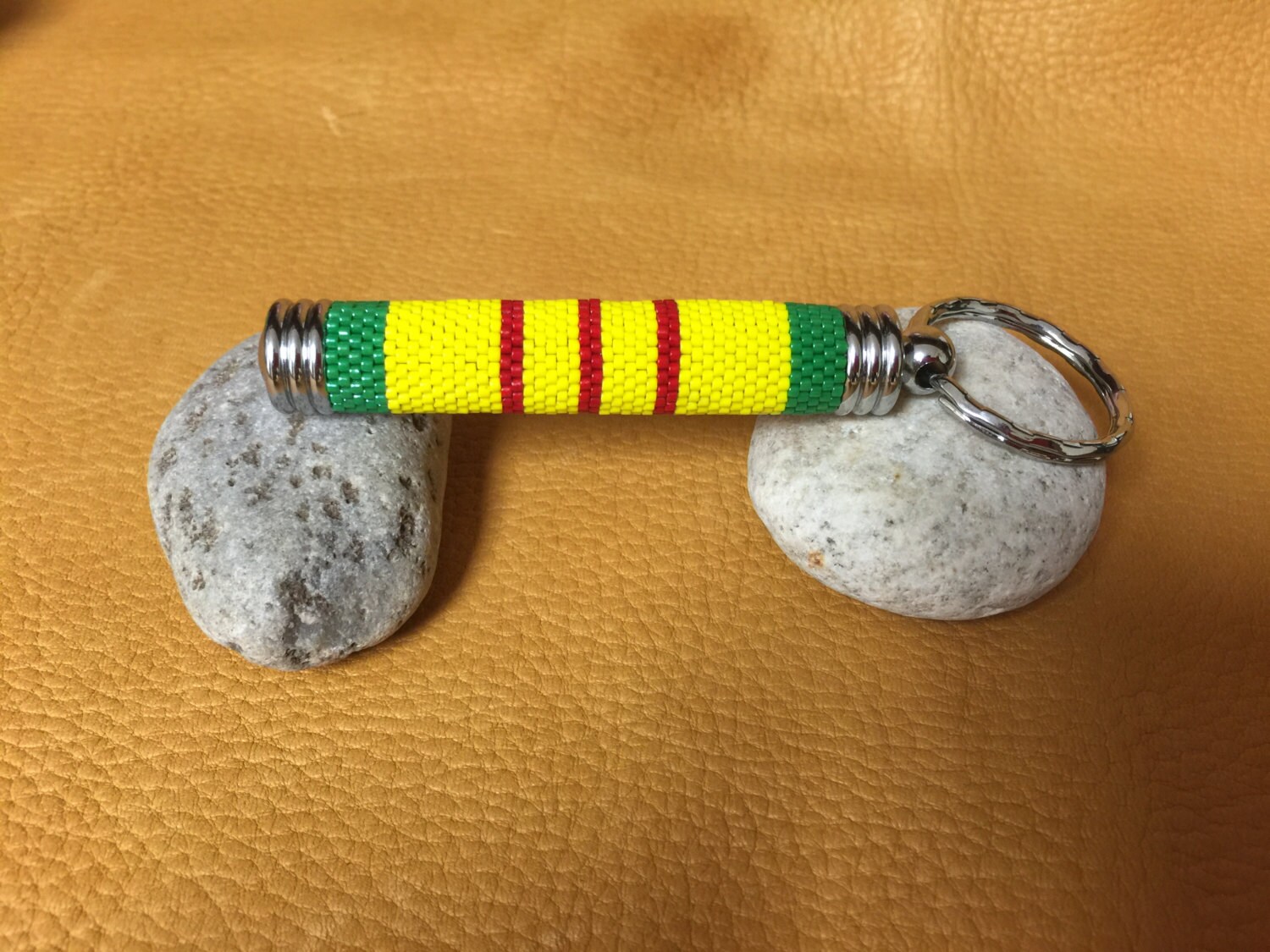 Hidden Compartment Keychain With Peyote Beaded Vietnam Service Ribbon