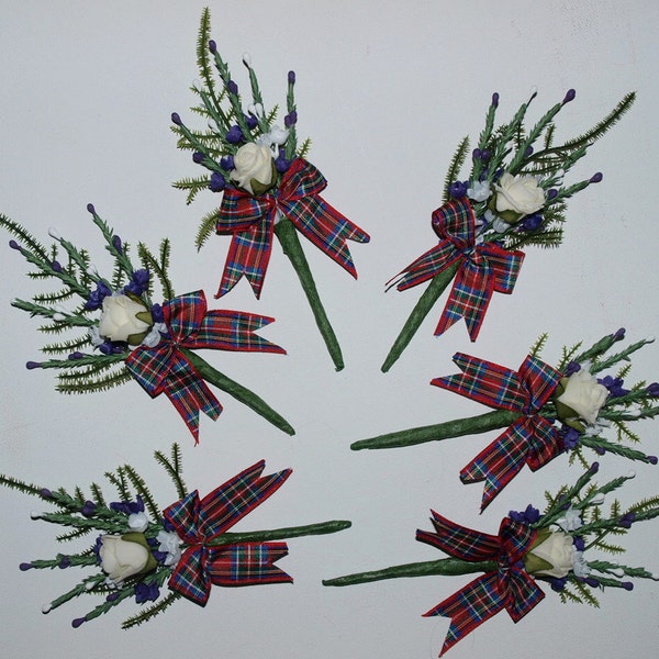 8 x Rose and Heather Anderson Tartan Ribboned Buttonholes.grooms weddings best man father of bride. groom
