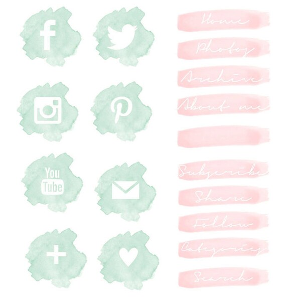 Blog Graphics // Social Media Icons // Blog Sidebar Buttons // Watercolor Graphics // Mint & Rose