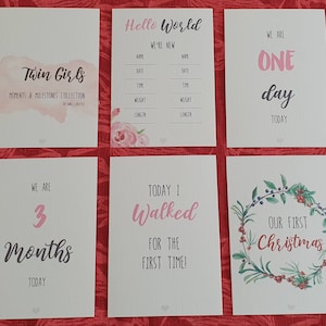 Twin Girls / Twin Boys / Twins Gênero neutro / Twin Boy and Girl Milestone Cards em aquarela rosa, azul, verde e cinza