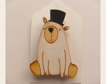 Fancy Bear Bear with a top hat wooden Brooch
