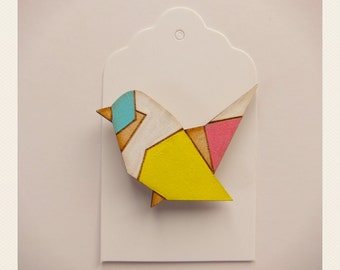 Origami bird with a yellow wing Brooch