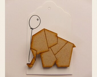 May include: A brown paper origami elephant with a black line drawing of a balloon attached to its trunk.