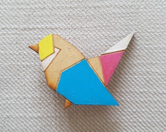 Origami bird with a blue wing wooden laser cut Brooch