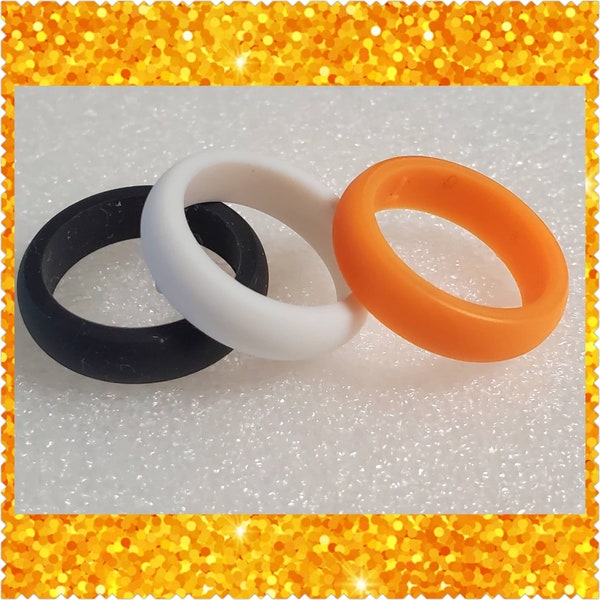 SALE Trio Black Orange White Silicone Wedding Ring set Sizes 5, 6, 7, 8