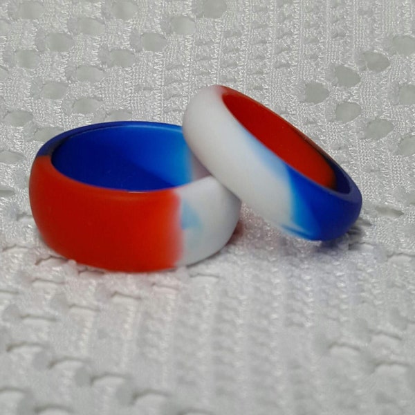 4th Of July Colors White Red Blue Mixed Silicone Wedding Ring Sizes  6, 7, 8, 9, 10, 11, 12, 13,