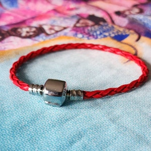 Red European Charm Bracelet 3mm Leather Braid Sizes 4 - 9 Beads Clasp Clip