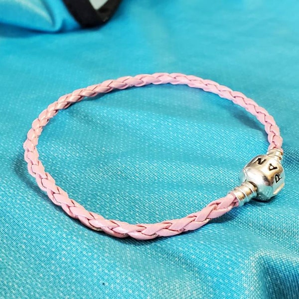 Pink Color European Charm Bracelet 3mm Leather Braid Sizes 4 - 9