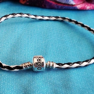Black & White European Charm Bracelet 3mm Leather Braid Sizes 4 - 9  Black Letters