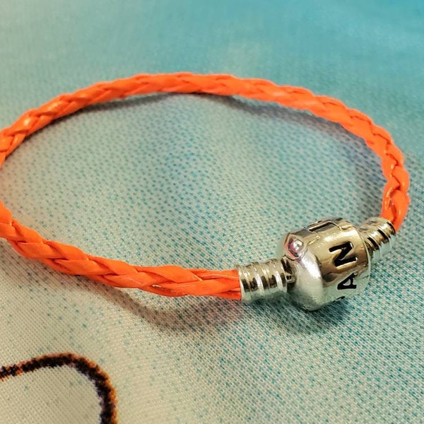 Orange neon Color European Charm Bracelet 3mm Leather Braid Sizes 4 - 9