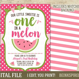 Invito di primo compleanno di anguria - FILE DIGITALE - stampabile rosa uno in un invito a una festa di melone - altri colori disponibili!