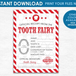 Ricevuta della fatina dei denti - DOWNLOAD IMMEDIATO - Grafico del certificato di ricevuta del primo dente perso rosso stampabile 5&quot;x7&quot; - Scarica ora i tuoi file!