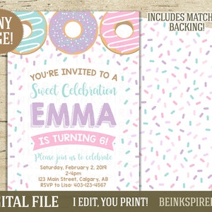 Pastel Girl Donut Uitnodiging - Afdrukbaar DIGITAAL BESTAND - Donuts Birthday Party Invite - Elke leeftijd! Andere kleuren beschikbaar!