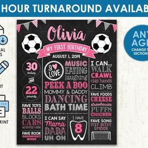Pizarra de cumpleaños de fútbol para niñas - ARCHIVO DIGITAL imprimible - Signo de pizarra de fiesta de primer cumpleaños de fútbol rosa - ¡Cualquier edad! ¡Cambia las Secciones!