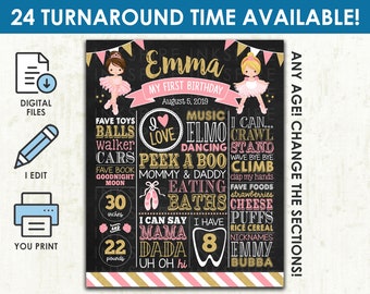Ballet Birthday Chalkboard - Printable DIGITAL FILE - Ballerina First Birthday Party Chalkboard Sign - Any Age! Change the Sections!