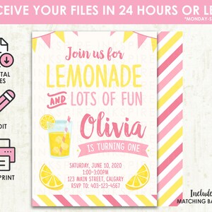 Lemonade Birthday Invitation - Printable DIGITAL FILE - Girls Pink Lemon Lemonade Stand Glass First Birthday Party Invite Invitation
