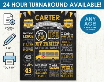 May include: A black chalkboard style birthday sign with a yellow school bus theme. The sign says "Carter My 3rd Birthday June 22, 2022". It includes details about the birthday person's favorite things, including toys, books, shows, and foods. The sign also includes the child's height and weight: 45 inches and 43 pounds.