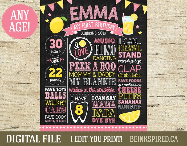 Printable DIGITAL FILE Girls Pink Lemonade Birthday Chalkboard Lemonade First Birthday Board Any Age Change the Sections!
