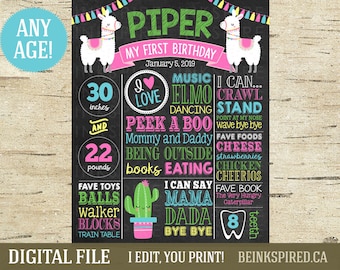 Llama Birthday Board - Printable DIGITAL FILE - Personalized First Birthday Milestone Poster - Any Age! Change the Sections!