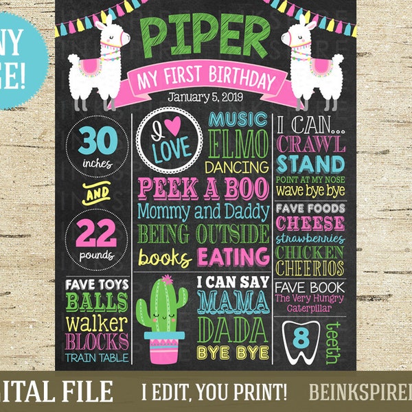 Llama Birthday Board - Printable DIGITAL FILE - Personalized First Birthday Milestone Poster - Any Age! Change the Sections!