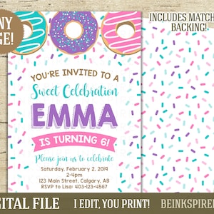 Convite de donuts para meninas - para impressão ARQUIVO DIGITAL - Convite de aniversário de donuts rosa, roxo e azul-petróleo - qualquer idade! Outras cores disponíveis!
