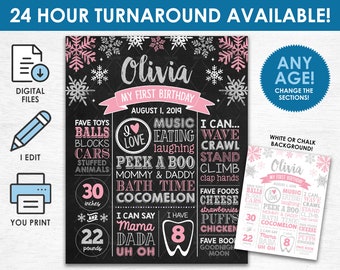 Vinter Onederland svarta tavla skylt - utskrivbar DIGITAL FIL - rosa & silver snöflinga födelsedag milstolpe affisch - byt sektioner!