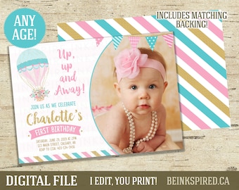 Hot Air Balloon First Birthday Party Invitation - DIGITAL FILE - Pink and Gold Glitter Party Invite - Any Age! Other Colors Available!