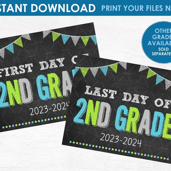 Printable First and Last Day of 2nd Grade Signs - INSTANT DOWNLOAD - Boys Back to School Chalkboard Printables - Other Grades Available!