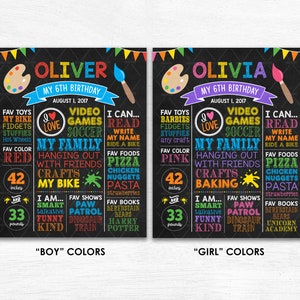 May include: A colorful chalkboard style birthday sign with the name Oliver or Olivia, the age 6, and the date August 1, 2017. The sign lists the child's favorite things, including toys, colors, foods, and activities. The sign is decorated with colorful paint splatters and a paintbrush.
