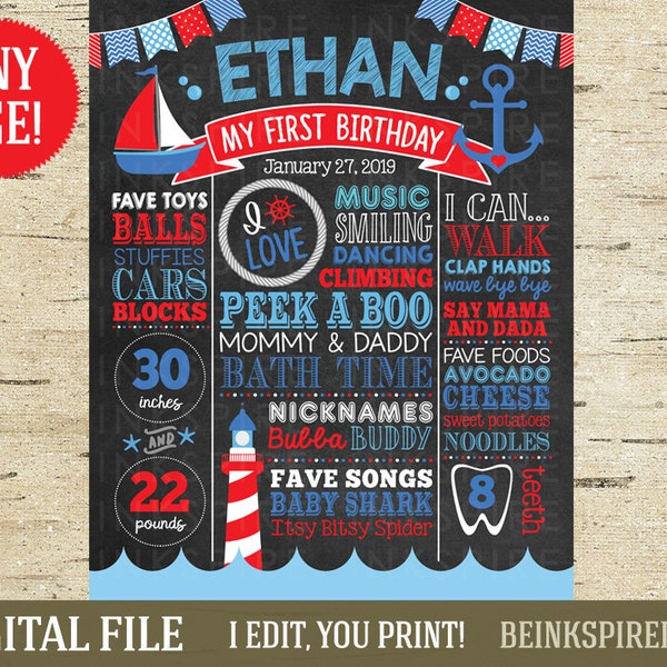 Nautical Birthday Board - Printable DIGITAL FILE - Blue & Red Under the Sea First Birthday Chalkboard - Any Age! Change the Sections!