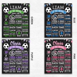 May include: A black chalkboard style first birthday sign with a soccer ball theme. The sign is decorated with colorful flags and includes the name "Liam" or "Olivia", the date "August 1, 2014", and details about the child's milestones, such as their weight, height, and favorite foods. The sign is available in four colors: green, blue, purple, and pink.