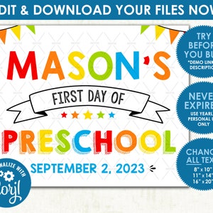 Editable First Day of School Poster - DIGITAL FILE - Printable Orange, Blue & Green Back to School Sign - Edit Yourself NOW!