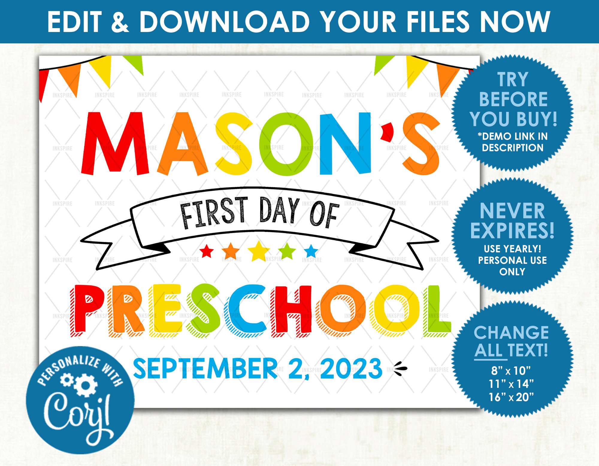 Editable First Day of School Poster - DIGITAL FILE - Printable Orange ...