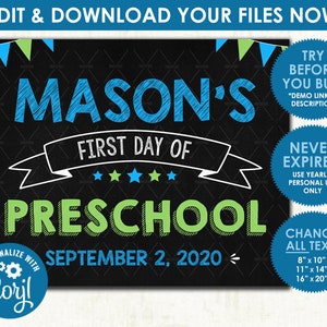Editable Reusable First Day of School Poster - DIGITAL FILE - Printable Blue Green Back to School Sign - Download & Edit Yourself NOW!