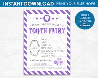 Tooth Fairy Receipt - INSTANT DOWNLOAD - Printable Purple 5"x7" First Lost Tooth Receipt Certificate Chart - Download Your Files Now!