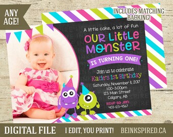 May include: A colorful birthday invitation with a photo of a baby girl in a pink dress. The invitation says "Our Little Monster is Turning One!" and includes details for a party on November 1, 2017. The invitation has a striped background with green, pink, purple, and blue stripes.