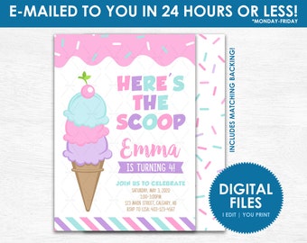Ijs verjaardagsuitnodiging - Afdrukbaar DIGITAAL BESTAND - Hier is de Scoop Ice Cream Party Invite - Elke leeftijd! Fotoversie beschikbaar!