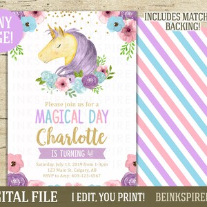 Unicorn verjaardagsuitnodiging - Afdrukbaar DIGITAAL BESTAND - Aquarel Unicorn First Birthday Party Invite - Elke leeftijd! Fotoversie beschikbaar!