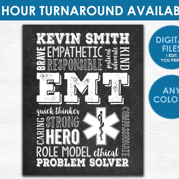 Personalized EMT Gift - Printable DIGITAL FILE -  Emergency Medical Technician First Responder Graduation Gift Print - Any Colors!