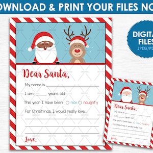 Druckbare Brief an den Weihnachtsmann - SOFORTIGER DOWNLOAD - Afroamerikaner Lieber Santa Brief - Blanko Coloring Page Kids Christmas Wish List